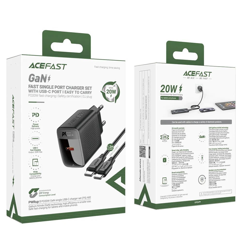Зарядное устройство ACEFAST A82 PD20W GaN USB-C (с кабелем USB-C на USB-C, черный)