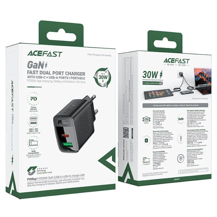 Зарядное устройство ACEFAST A98 PD30W Gan USB-C+USB-A (черный)