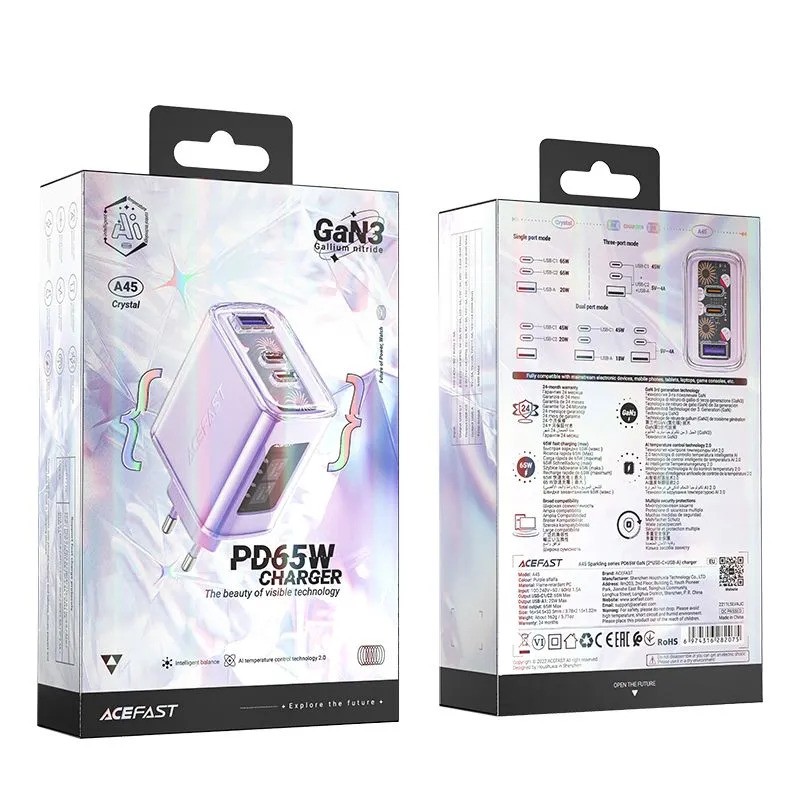 Сетевое зарядное устройство ACEFAST A45 PD65W (2xUSB-C+USB-A, фиолетовый)