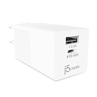 Сетевое зарядное устройство j5create 45W Dynamic PD USB-C/USB-A (белый)